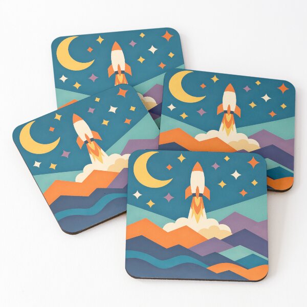 Item preview, Retro Rocket Launch Over Geometric Mountains designed and sold by InkSmithery.