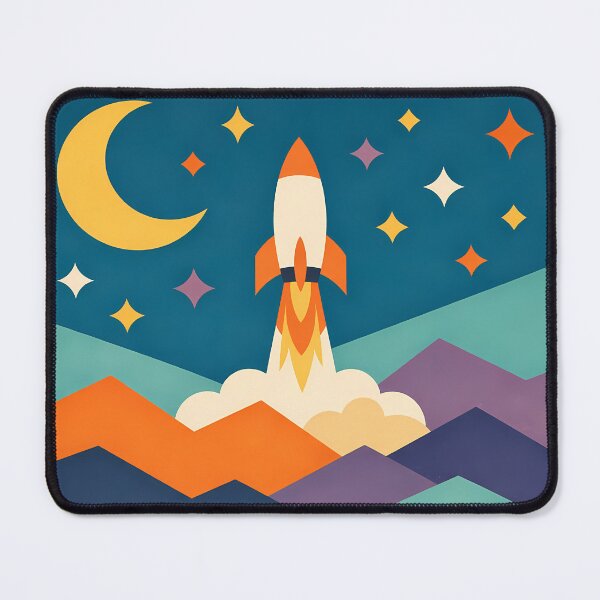 Item preview, Retro Rocket Launch Over Geometric Mountains designed and sold by InkSmithery.