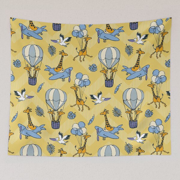 Item preview, Flying Jungle Safari Chevron yellow and pastel blue designed and sold by kobyakov.