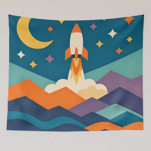 Item preview, Retro Rocket Launch Over Geometric Mountains designed and sold by InkSmithery.