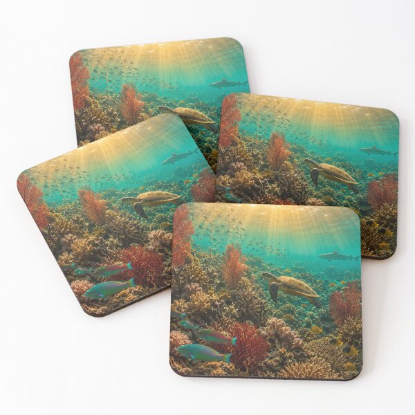 Item preview, Spectacular Living Coral Reef Underwater — Sea Turtle Parrotfish Shark Yellow Butterfly Fish Red Sea Fan Golden Light Shafts — Award Winning Nature Photography designed and sold by Bossygraphicske.