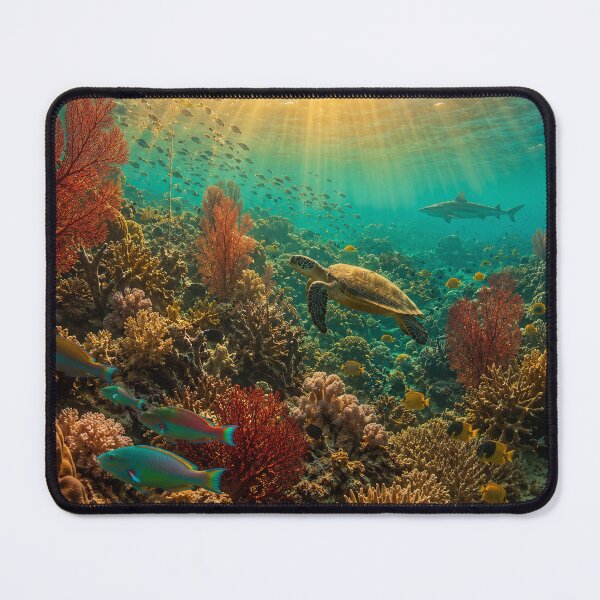 Item preview, Spectacular Living Coral Reef Underwater — Sea Turtle Parrotfish Shark Yellow Butterfly Fish Red Sea Fan Golden Light Shafts — Award Winning Nature Photography designed and sold by Bossygraphicske.
