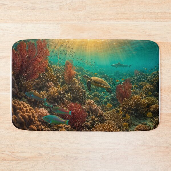 Item preview, Spectacular Living Coral Reef Underwater — Sea Turtle Parrotfish Shark Yellow Butterfly Fish Red Sea Fan Golden Light Shafts — Award Winning Nature Photography designed and sold by Bossygraphicske.