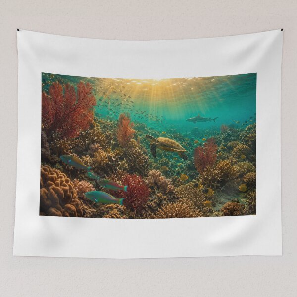 Item preview, Spectacular Living Coral Reef Underwater — Sea Turtle Parrotfish Shark Yellow Butterfly Fish Red Sea Fan Golden Light Shafts — Award Winning Nature Photography designed and sold by Bossygraphicske.