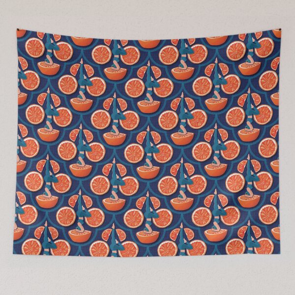 Item preview, Woman juicing blood oranges, navy blue background designed and sold by WONDERPRINTVALLEY.