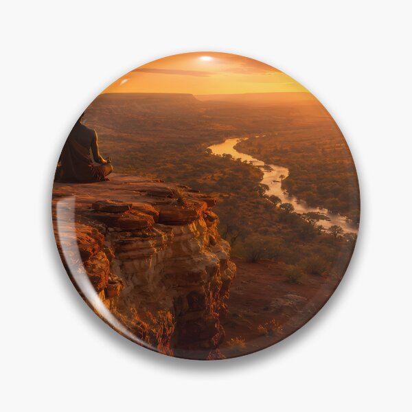 Item preview, "Lone Figure Lotus Meditation Ancient Terracotta Cliff Edge Blazing Sunset — River Valley Below Crescent Moon Wildflowers — Earth Tone Wellness Landscape Photography" designed and sold by Bossygraphicske.