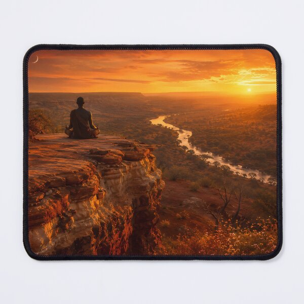 Item preview, "Lone Figure Lotus Meditation Ancient Terracotta Cliff Edge Blazing Sunset — River Valley Below Crescent Moon Wildflowers — Earth Tone Wellness Landscape Photography" designed and sold by Bossygraphicske.