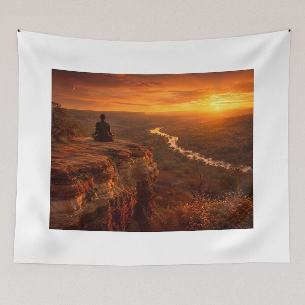 Item preview, "Lone Figure Lotus Meditation Ancient Terracotta Cliff Edge Blazing Sunset — River Valley Below Crescent Moon Wildflowers — Earth Tone Wellness Landscape Photography" designed and sold by Bossygraphicske.