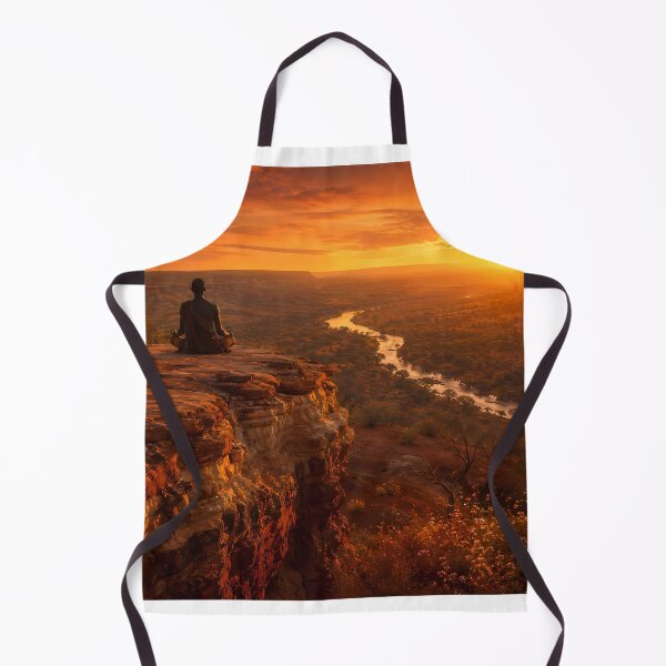 Item preview, "Lone Figure Lotus Meditation Ancient Terracotta Cliff Edge Blazing Sunset — River Valley Below Crescent Moon Wildflowers — Earth Tone Wellness Landscape Photography" designed and sold by Bossygraphicske.