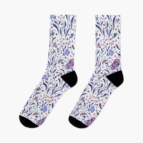 Item preview, White Whimsical Butterfly and Wildflower Folk Pattern designed and sold by AneissPiaf.