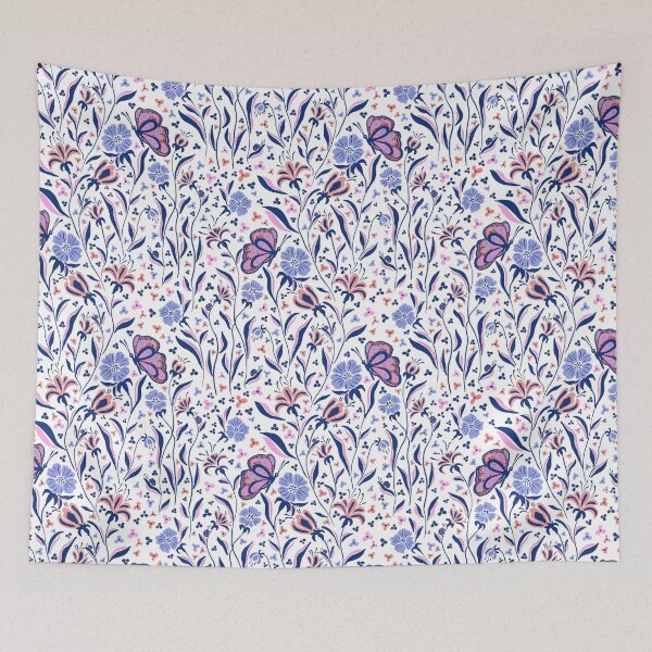Item preview, White Whimsical Butterfly and Wildflower Folk Pattern designed and sold by AneissPiaf.