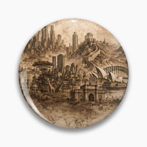 Item preview, World Landmarks Sepia Ink Wash Illustration — Pyramids Eiffel Tower Great Wall Sydney Opera House Rising From World Map — Vintage Cartographic Travel Art" designed and sold by Bossygraphicske.
