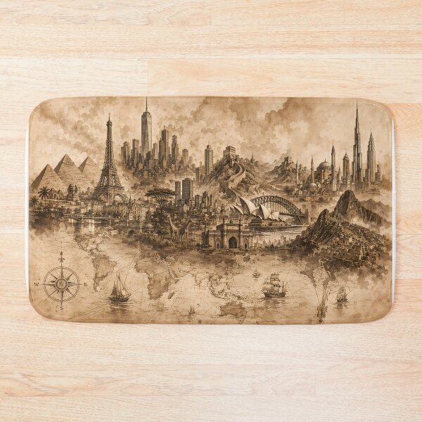 Item preview, World Landmarks Sepia Ink Wash Illustration — Pyramids Eiffel Tower Great Wall Sydney Opera House Rising From World Map — Vintage Cartographic Travel Art" designed and sold by Bossygraphicske.