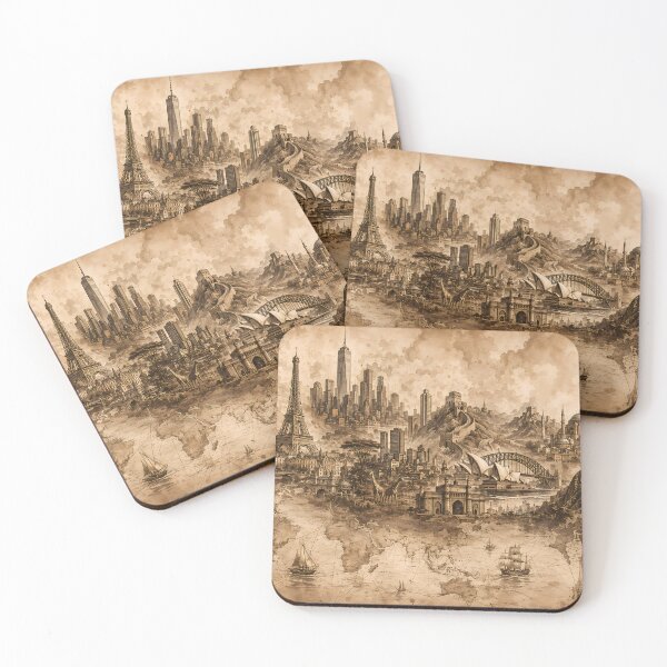 Item preview, World Landmarks Sepia Ink Wash Illustration — Pyramids Eiffel Tower Great Wall Sydney Opera House Rising From World Map — Vintage Cartographic Travel Art" designed and sold by Bossygraphicske.
