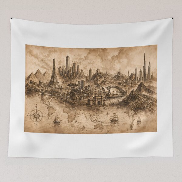 Item preview, World Landmarks Sepia Ink Wash Illustration — Pyramids Eiffel Tower Great Wall Sydney Opera House Rising From World Map — Vintage Cartographic Travel Art" designed and sold by Bossygraphicske.