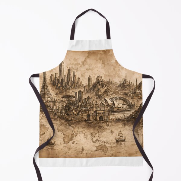 Item preview, World Landmarks Sepia Ink Wash Illustration — Pyramids Eiffel Tower Great Wall Sydney Opera House Rising From World Map — Vintage Cartographic Travel Art" designed and sold by Bossygraphicske.