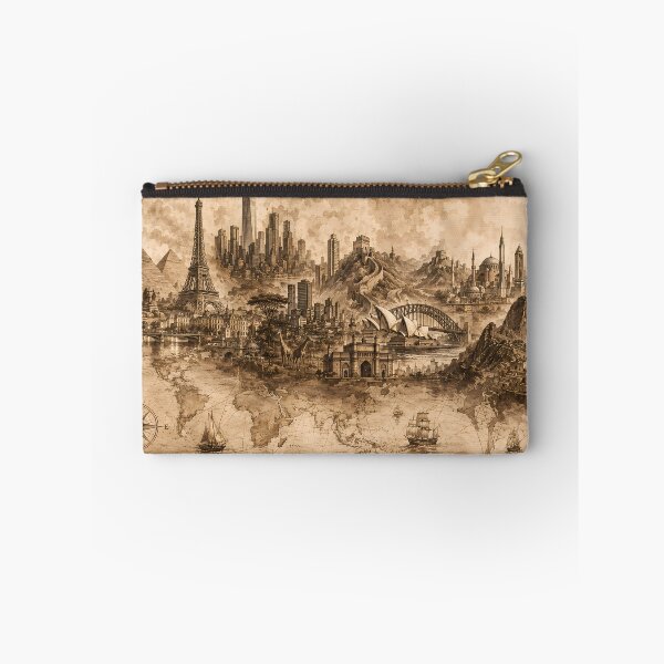Item preview, World Landmarks Sepia Ink Wash Illustration — Pyramids Eiffel Tower Great Wall Sydney Opera House Rising From World Map — Vintage Cartographic Travel Art" designed and sold by Bossygraphicske.