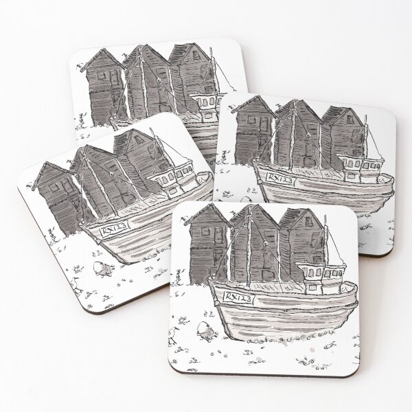 Item preview, Fishing boat in front of net huts in hastings designed and sold by Inky Fingers Illustrations.
