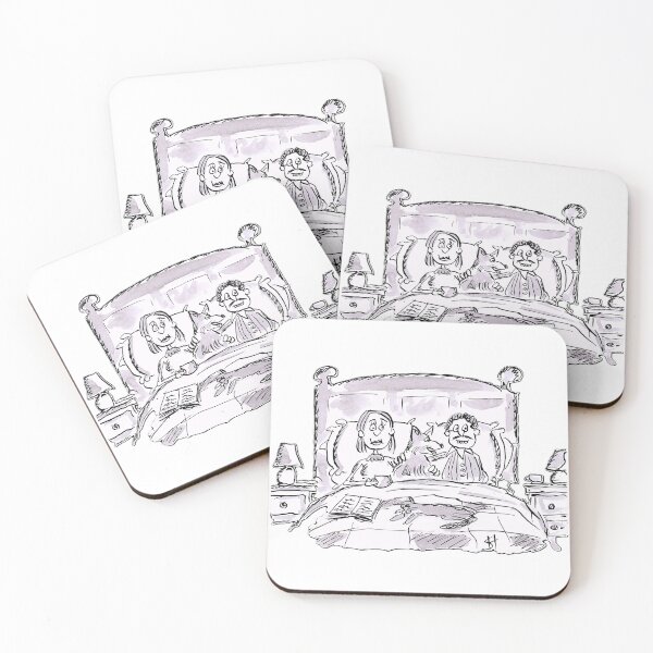 Item preview, couple sitting in bed with the dog and cat designed and sold by Inky Fingers Illustrations.