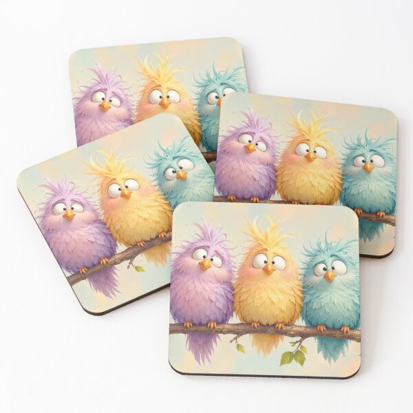 Item preview, Fluffy Pastel Birds on a Branch – Funny Cute Kawaii Bird Illustration designed and sold by MarekoraStudio.