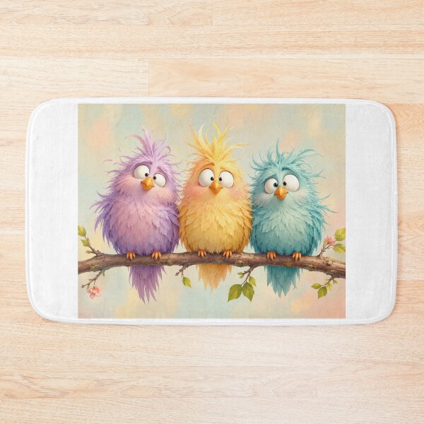 Aperçu de l'œuvre Oiseaux pastel duveteux sur une branche – Illustration d'oiseau kawaii drôle et mignon créée et vendue par MarekoraStudio.