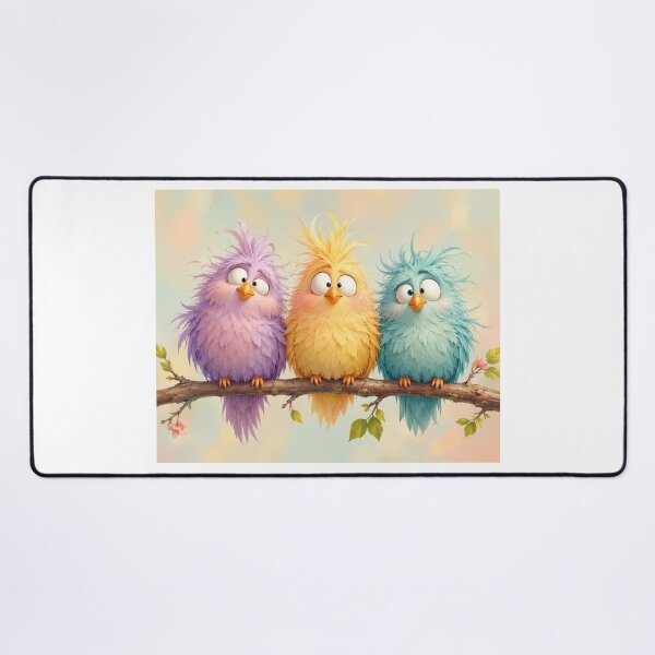 Aperçu de l'œuvre Oiseaux pastel duveteux sur une branche – Illustration d'oiseau kawaii drôle et mignon créée et vendue par MarekoraStudio.