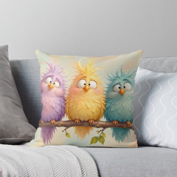 Aperçu de l'œuvre Oiseaux pastel duveteux sur une branche – Illustration d'oiseau kawaii drôle et mignon créée et vendue par MarekoraStudio.