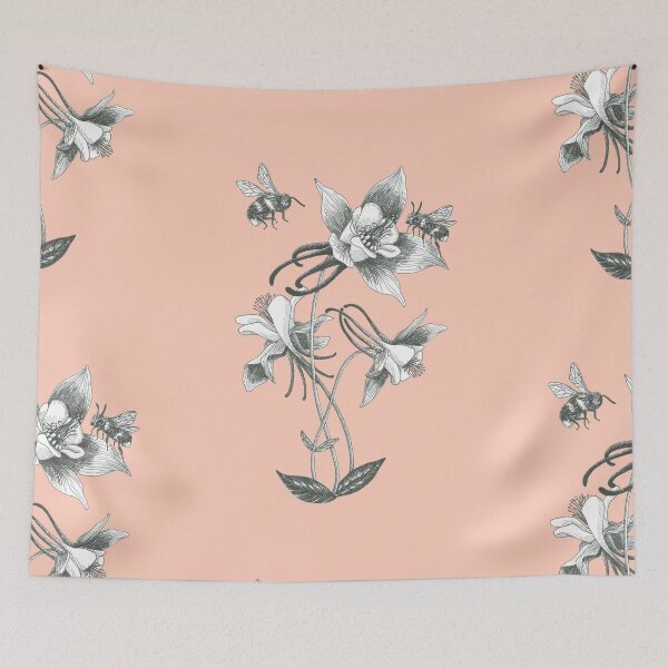 Item preview, honeybees on aquilegia flowers on dusty pink background designed and sold by EllenLambrichts.