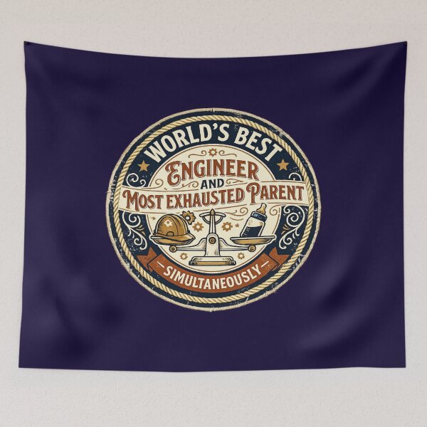 Item preview, World's Best Engineer and Most Exhausted Parent – Funny Vintage Badge | Engineer Dad Mom Gift designed and sold by irfanshikh.