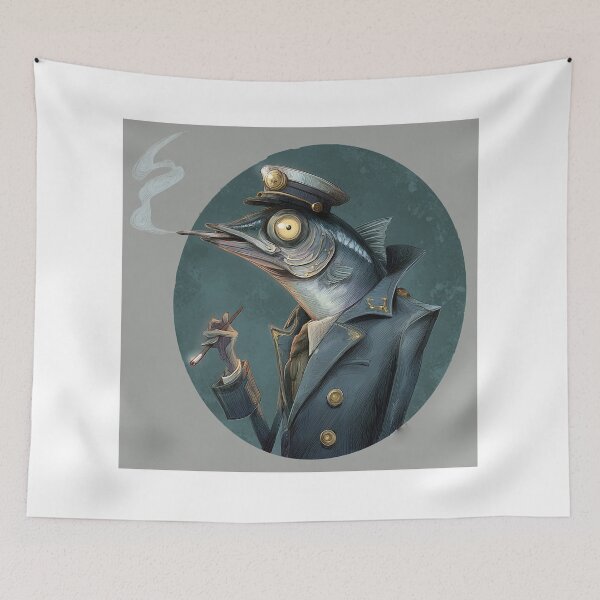 Item preview, Surreal Fish Captain Smoking Cigarette Vintage Illustration designed and sold by onubi.