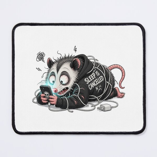 Item preview, Sleep Is Cancelled Possum – Chaotic Sleep Deprived Trash Panda Cartoon designed and sold by Motel Mirage.
