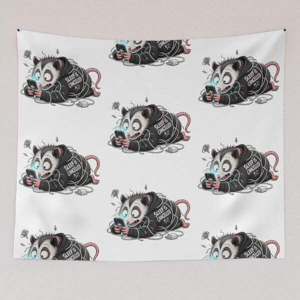 Item preview, Sleep Is Cancelled Possum – Chaotic Sleep Deprived Trash Panda Cartoon designed and sold by Motel Mirage.