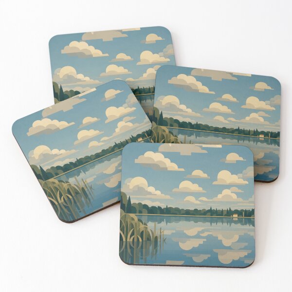 Item preview, An Art Deco–inspired lakeside scene with geometric clouds designed and sold by darekkocurek.