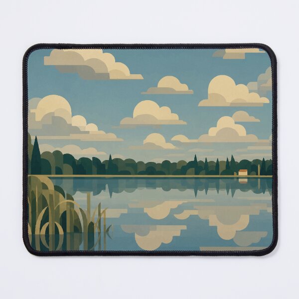 Item preview, An Art Deco–inspired lakeside scene with geometric clouds designed and sold by darekkocurek.