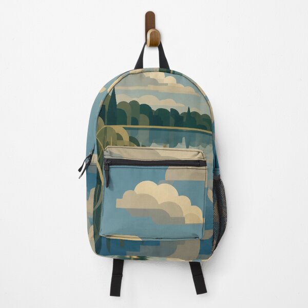 Item preview, An Art Deco–inspired lakeside scene with geometric clouds designed and sold by darekkocurek.