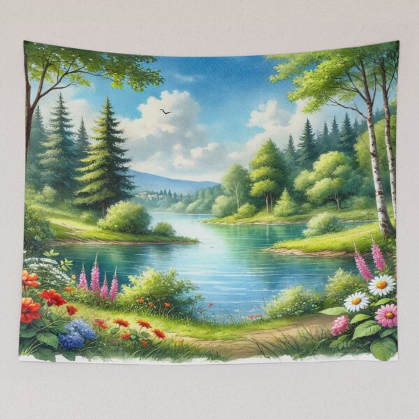 Item preview, Serene river landscape with vibrant flowers and tranquil forest harmony in picturesque nature designed and sold by FotoworldEdel.