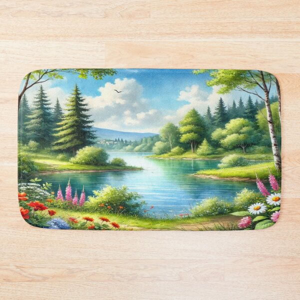 Item preview, Serene river landscape with vibrant flowers and tranquil forest harmony in picturesque nature designed and sold by FotoworldEdel.