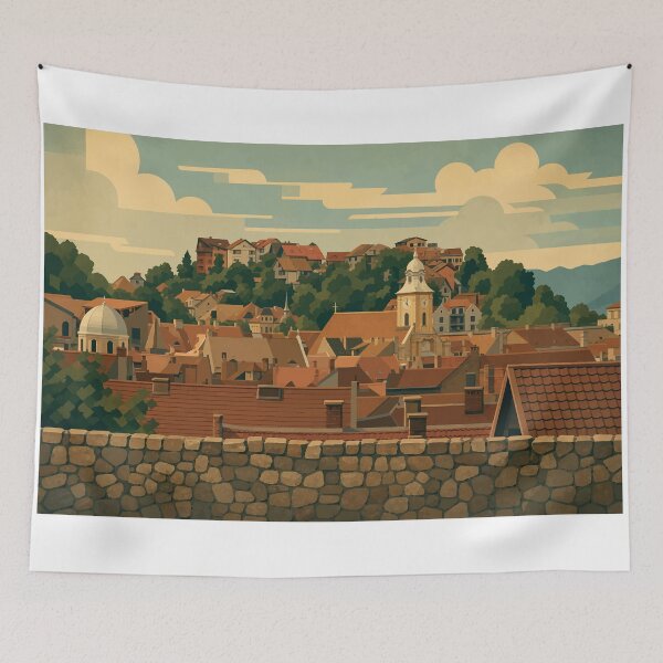 Item preview, Romania - Art Deco–inspired illustration of Brașov designed and sold by darekkocurek.