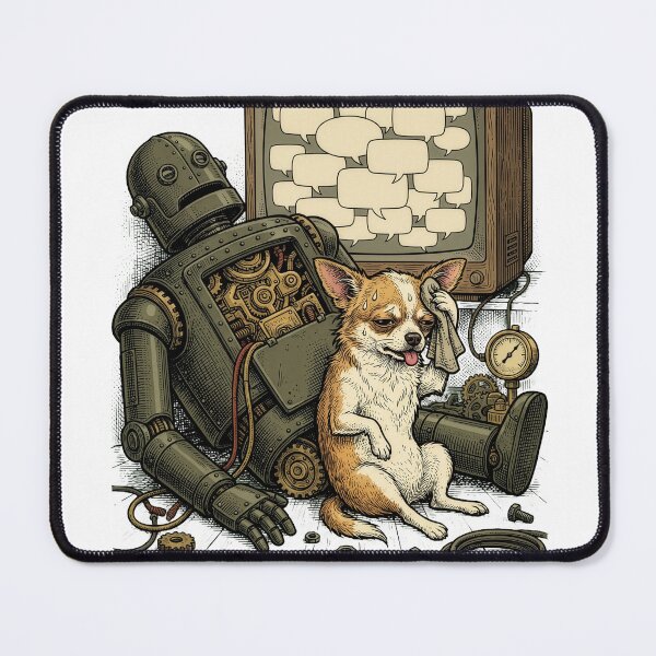 Item preview, Exhausted Chihuahua AI Robot — Dark Humor Tech Engraving Art designed and sold by Lestari Studio.