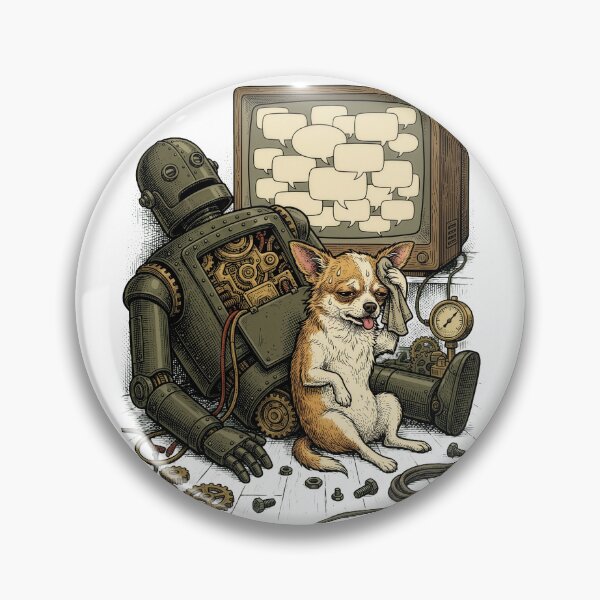 Item preview, Exhausted Chihuahua AI Robot — Dark Humor Tech Engraving Art designed and sold by Lestari Studio.