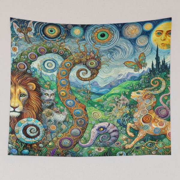 Item preview, Surreal fantasy landscape in the style of Gustav Klimt with lion spirit and mystical spiral dream vibes designed and sold by FotoworldEdel.