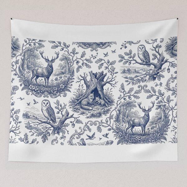 Item preview, Vintage Blue Woodland Toile - Stag, Foxes, Owls Design designed and sold by warayut.
