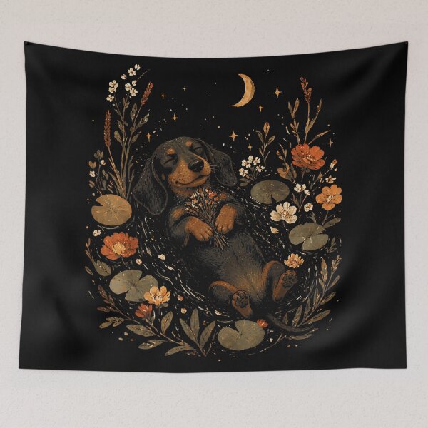 Item preview, Cute Sleeping Dachshund Dog Floating in Floral Night Garden with Crescent Moon designed and sold by Taniyah Gomes.