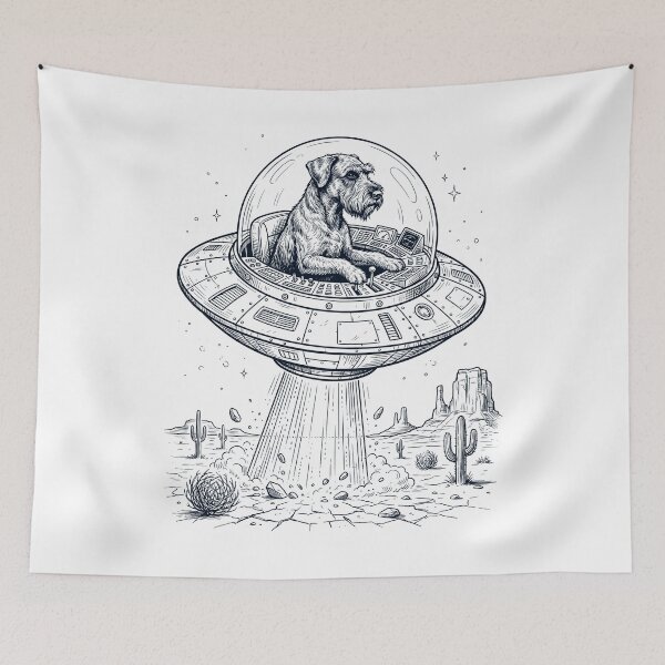 Item preview, Vintage Giant Schnauzer Riding UFO Dog Mom Dad Lover designed and sold by DoodleTortle.