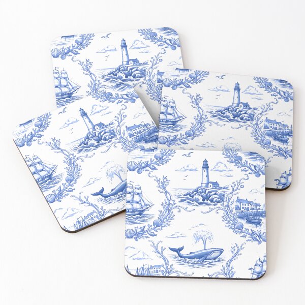 Item preview, Vintage Coastal Marine Toile - Blue and White Nautical Engraving Pattern designed and sold by warayut.