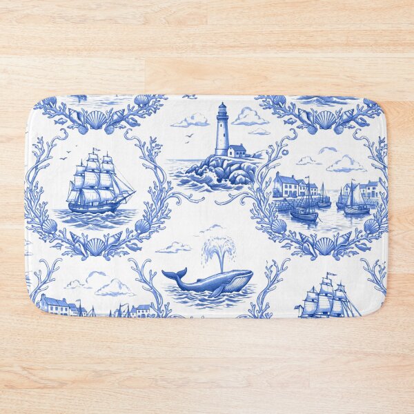 Item preview, Vintage Coastal Marine Toile - Blue and White Nautical Engraving Pattern designed and sold by warayut.