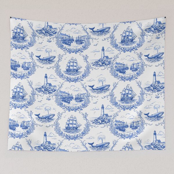 Item preview, Vintage Coastal Marine Toile - Blue and White Nautical Engraving Pattern designed and sold by warayut.