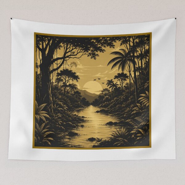 Item preview, Golden Jungle Sunset River Landscape Art designed and sold by PixelParinda.