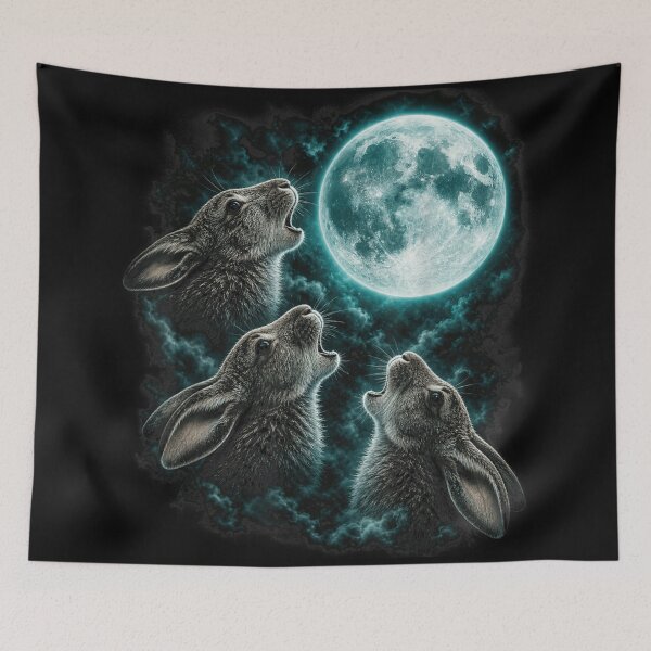 Item preview, Three Rabbits Howling at Full Moon Aesthetic Hare Blue Moonlight Night designed and sold by Chaya Reid.