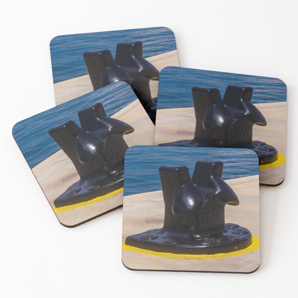 Item preview, Black Mooring Bollard On Concrete Pier By Blue Harbor Water With Yellow Painted Base designed and sold by Nmallia.